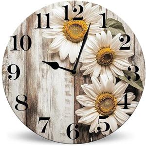 Horienteeon Orologio da parete rotondo in legno con girasole bianco rustico a batteria, silenzioso, senza ticchettio, 25 cm, decorazione rustica, orologio da parete per soggiorno, cucina, casa, bagno,