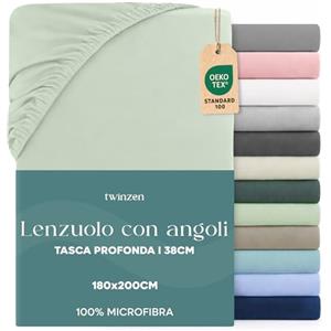 Twinzen Dreamzie Lenzuolo con Angoli Matrimoniale 180 x 200 cm - Angoli da 35 cm per Materassi Spessi - 100% Microfibra di Poliestere - Verde chiaro, Certificato Oeko Tex