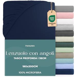 Twinzen Dreamzie Lenzuolo con Angoli Matrimoniale 180 x 200 cm - Angoli da 35 cm per Materassi Spessi - 100% Microfibra di Poliestere - Blu scuro, Certificato Oeko Tex