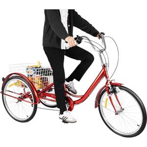DSYOGX 24 pollici triciclo adulto 6 velocità 3 ruote biciclette per adulti con cestino e luce, per adulti unisex e anziani ricreazione (rosso)