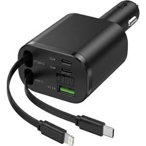 SureFly Caricatore accendisigari 5 in 1 retrattile da 100 W, caricatore da auto USB C con display digitale, PD 3.0 ricarica rapida, 2 cavi estensibili e porte USB-C/A per smartphone, tablet e dispositivi anno