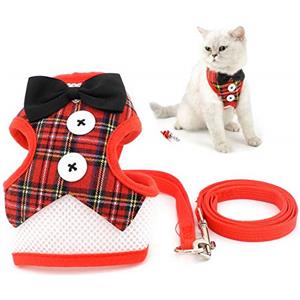 Zunea Smoking - Set di pettorina e guinzaglio per gatti con papillon regolabile, senza tirare, in morbida rete, a prova di fuga, per bambini, cani di piccola taglia, taglia M, colore: Rosso