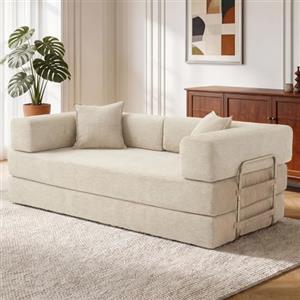 Vipbear Divano letto disossato, in velluto a coste di alta qualità, 200 cm, divano pieghevole 5 in 1 a 3 posti, con 2 cuscini in schiuma, per soggiorno, bianco
