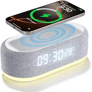 Wowfast Sveglia digitale con stazione di ricarica wireless, sveglia intelligente 4 in 1, luce notturna, con luce e temperatura, luminosità regolabile