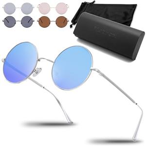 Netrox - Occhiali da sole rotondi in stile retrò con montatura in metallo - custodia e astuccio in microfibra - 5 colori - Protezione UV400, vintage, uomo donna, lenti a specchio, sole, rotondi, blu