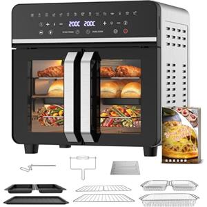 Emphsism Friggitrice ad Aria 23L XXL Mini Forno con Porte alla Francese, 2600W Air Fryer Dual Zone con Smart-Touch, Sync Finish, 15 Programmi, Ricettario & 13 Accessori Inclusi, Metallo