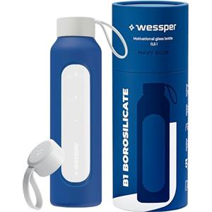 Wessper Borraccia 500 ml, bottiglia motivazionale con scala di idratazione, borraccia in vetro borosilicato con custodia in silicone, materiale sicuro senza BPA - Blu
