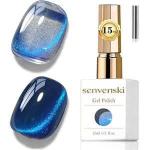 Senvenski Gelatina Vetro Cat Eye Smalto Semipermanente, 15ML Occhi di Gatto Magnetica per Gel Unghie Kit Olografico Glitterato Cristallo Smalti Unghie Salon Home DIY (Costa Azure, 0.5fl oz)