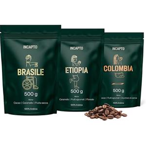 Incapto Pack Best Sellers di Caffè in Grani Naturale di Specialità | Origini - Colombia, Brasile ed Etiopia | Specialty Coffee +80 punti SCA | 3 pacchetti da 500g