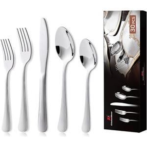 KitchenBoss Set Posate Acciaio Inox: 6 Persone Set di Posate con Coltello, Cucchiaio, Forchetta, 30 Pezzi in Argento e Lavabili in Lavastoviglie