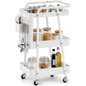 BAKAJI Carrello da Cucina a 3 Ripiani con Struttura in Acciaio Verniciato bianco con Ruote Piroettanti, Carrellino Multiuso con Ganci e Portaoggetti, Organizer Versatile Portaspezie