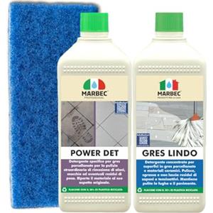 Marbec POWER DET e TAMPONE + GRES LINDO Kit Pulizia Gres Porcellanato per Rimuovere Aloni, Patine, Residui di Posa e Sporco Ostinato con Detergente di Mantenimento Incluso