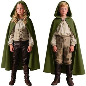 CNVAUIE Mantello medievale da uomo, con cappuccio, rinascimentale, cappotto da strega, per costumi di Halloween, mantello con cappuccio (verde, 140-160 (9Y-13Y))