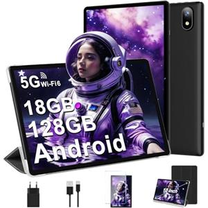 DMOAO Tablet 10 Pollici Android con 18GB RAM + 128GB ROM(TF 1TB), HD Tablet con 5G Wi-Fi 6, Widevine L1, Octa-Core 1.8 GHz, USB-C, BT 5.0, 6000mAh,Custodia, Nero