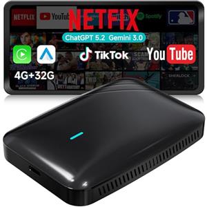 MYATOTO AI Box Adattatore CarPlay Wireless Android Auto, 4GB+32GB, aggiornamento delle prestazioni per auto con CP/AA cablato per Netflix/YouTube/TikTok, DriveChat AI, Dual-WiFi, IoT-Hub, CB4B