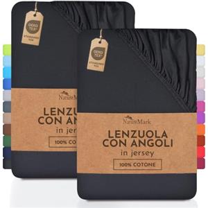 NatureMark Lenzuolo matrimoniale in jersey in confezione da 2 pezzi, lenzuolo matrimoniale 100% cotone QUALITÀ DEL ÖKOTEX Standard 100, 70x140 cm, Nero