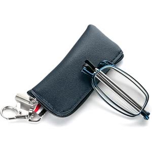 MMOWW Occhiali da lettura pieghevoli per uomo e donna con asta telescopica con chiusura lampo portachiavi occhiali portatili anti luce blu (Blu, +1.5)