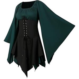 CNVAUIE Costume rinascimentale da donna, abito medievale con maniche a tromba gotico, maxi abito per carnevale, Halloween, feste (Verde, S)