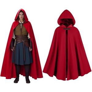 CNVAUIE Costume con Cappuccio e Fibbia Stile Rinascimentale Medievale da Uomo, Costume da Strega per Halloween con Cappuccio (Rosso Vino)