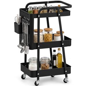 BAKAJI Carrello da Cucina a 3 Ripiani con Struttura in Acciaio Verniciato Nero con Ruote Piroettanti, Carrellino Multiuso con Ganci e Portaoggetti, Organizer Versatile Portaspezie