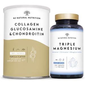 N2 Natural Nutrition Triple Magnesio + Glucosamina Condroitina e Collagene Idrolizzato. Magnesio Bisglicinato Citrato e Malato 440 mg + Glucosamina 1500 mg + Condroitina 1200 mg + Collagene 10000 mg con Acido Ialuronico