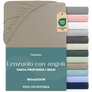 Twinzen Dreamzie Lenzuolo con Angoli Matrimoniale 180 x 200 cm - Angoli da 35 cm per Materassi Spessi - 100% Microfibra di Poliestere - Lino, Certificato Oeko Tex