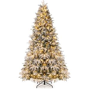COSTWAY Albero di Natale Innevato 240/270 cm, Albero di Natale Innevato Pre-illuminato con 460/600 Luci LED Bianco Caldo, 1646/2198 Punte di Rami e Base in Metallo Pieghevole (270 cm)