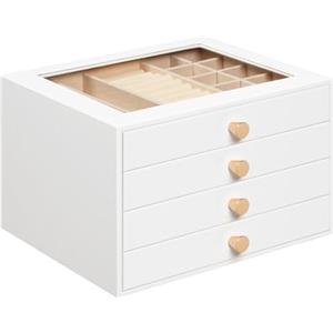 HOOBRO Portagioie Moderno con 4 Cassetti, Portagioie 23 x 20 x 15,6 cm con Finestra Trasparente e Interno in Velluto per Anelli Orecchini Collane Orologi, Bianco EWT25JB04