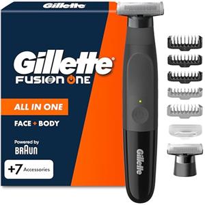 Gillette Fusion One Rasoio Elettrico Uomo Barba e Corpo, 3 Pettini Barba (1,2,5mm) e 1 Pettine Corpo, Testina Oscillante, Lama Ricambio, Impermeabile, Senza Fili, 45 Min Autonomia, Tecnologia Braun