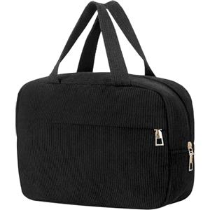 Huiguli Borse Cosmetica in Velluto a Coste, Borsa da Toilette da Viaggio con Manico, Pochette Donna Trucchi, Beauty Case da Viaggio (Nero)