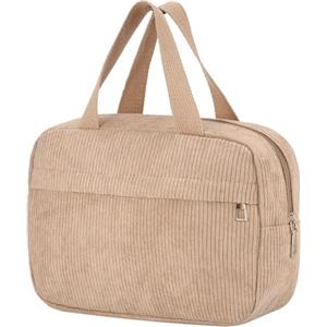 Huiguli Borse Cosmetica in Velluto a Coste, Borsa da Toilette da Viaggio con Manico, Pochette Donna Trucchi, Beauty Case da Viaggio (Cachi)