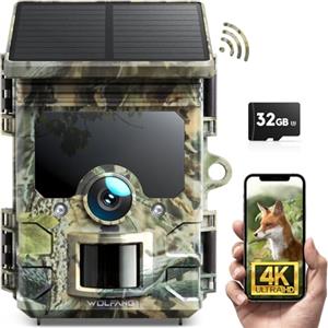 WOLFANG Fototrappola Solare 4K 30Fps, Wifi Bluetooth Fotocamera Caccia con Visione Notturna, Grandangolare 120 ° Fototrappole con Tempo di Scatto 0,1s, IP66 Impermeabile, Micro SD da 32 GB