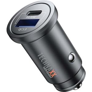 Technaxx TX-305, doppio caricabatterie da 30W per auto, adattatore caricabatterie da 2 porte per accendisigari per auto - uscita Type-C e USB-A, PD da 30W e QC3.0, ricarica dinamica PPS