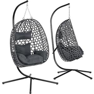 WOLTU Poltrona Sospesa a Uovo, Sedia Sospesa con Supporto in Metallo, Cuscino e Poggiatesta, Altezza Regolabile, in Rattan PE, per Giardino, Terrazza, 102x100x196 cm, Grigio