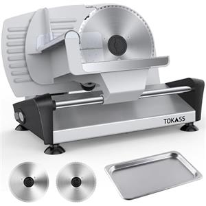 TOKASS 200 Watt Affettatrice elettrica da in acciaio inox, per Uso Domestico con 2 Pezzi Lame in Acciaio Inox da 7,5'', Taglia Salumi Elettrico, ad Alto Spessore per Carne, Formaggio (Aggiornamento DC MOTOR)
