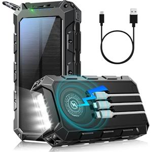 Kruilan Solar Power Bank 52800mAh, PD 30W 3.0 A USB C Powerbank Ricarica Rapida con 3 Cavi, 3 Port (2 USB & 1 Type-c), 15W Ricarica Wireless, Spie luminose a LED, Torcia, Caricatore Portatile con Smartphones