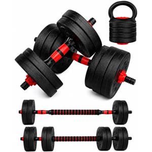 unycos - Set Manubri Regolabili 10 kg Totali con Barra di Collegamento e Maniglia per Kettlebell, Dischi in Cemento Rivestiti in PP, per Allenamento di Forza Domestico (Red Transformer)