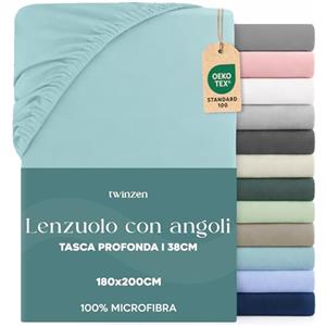 Twinzen Dreamzie Lenzuolo con Angoli Matrimoniale 180 x 200 cm - Angoli da 35 cm per Materassi Spessi - 100% Microfibra di Poliestere - Acqua, Certificato Oeko Tex