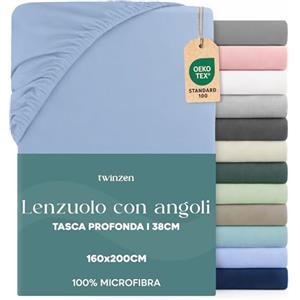 Twinzen Dreamzie Lenzuolo con Angoli Matrimoniale 160x190 / 200 cm - Angoli da 35 cm per Materassi Spessi - 100% Microfibra di Poliestere - Blu, Certificato Oeko Tex