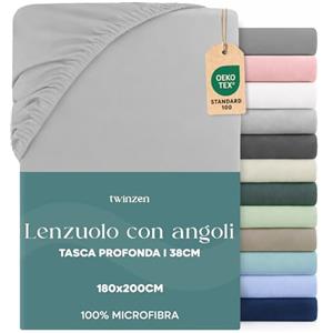 Twinzen Dreamzie Lenzuolo con Angoli Matrimoniale 180 x 200 cm - Angoli da 35 cm per Materassi Spessi - 100% Microfibra di Poliestere - Grigio, Certificato Oeko Tex