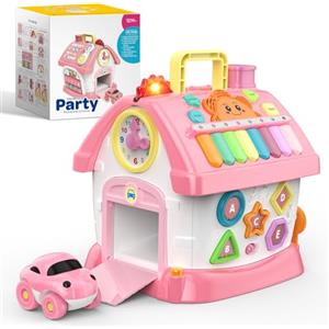 Naxudcoo Giochi Montessori 1 Anno: 6 in 1 Giocattoli Bambini Multi-Attività con Musica/Orologio/Luci/Telefono/Auto, Gioco Bambino Educativo per 18 Mesi, Regalo Compleanno per Bambina 1 2 3 Anni (Rosa)