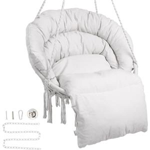 VEVOR Poltrona sospesa, 150 kg, Poltrona sospesa girevole in macramè, Cuscino, Materiali di montaggio, Corda di cotone, Poltrona relax con frange, da giardino, Interno, Esterno, Beige