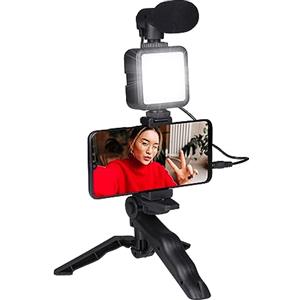 Grundig Treppiede Telefono con Lampada - Tripod con microfono - LED con 3 impostazioni di colore - per telefoni da 53 a 84 MM - Modello di tavolo e asta per selfie - Materiale in plastica - Nero