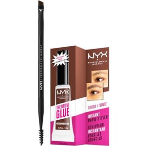 NYX Professional Makeup Gel Sopracciglia The Brow Glue Medium Brown Tenuta 16H Effetto Laminazione + Pro Dual Brow Brush Pennello Sopracciglia con Setole Angolate e Pettinino - Set da 2