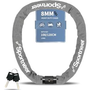 Sportneer Lucchetto per bicicletta ad alta sicurezza, lunghezza 100 cm, con 8 mm, in acciaio temprato, antifurto per moto, ruota, porta, recinzione, barbecue, 2 chiavi