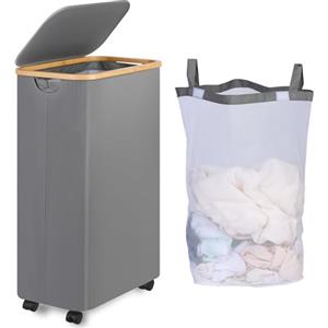 iEGrow Cesto Portabiancheria 75L con Coperchio, Cesto Biancheria Sporca con Ruote e Manico di Bambù, Cesta Panni Sporchi con Borsa Interna Rimovibile e Lavabile per Bagno Camera (Grigio)