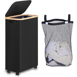 iEGrow Cesto Portabiancheria 75L con Coperchio, Cesto Biancheria Sporca con Ruote e Manico di Bambù, Cesta Panni Sporchi con Borsa Interna Rimovibile e Lavabile per Bagno Camera (Nero)