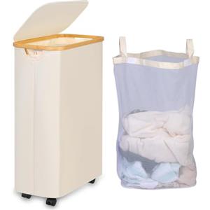 iEGrow Cesto Portabiancheria 75L con Coperchio, Cesto Biancheria Sporca con Ruote e Manico di Bambù, Cesta Panni Sporchi con Borsa Interna Rimovibile e Lavabile per Bagno Camera (Beige)