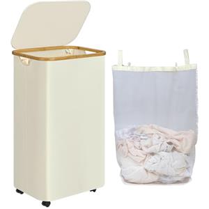 iEGrow Cesto Portabiancheria 110L con Coperchio, Grande Cesto Biancheria Sporca con Ruote e Manico di Bambù, Cesta Panni Sporchi con Borsa Interna Rimovibile e Lavabile per Bagno Camera (Beige)
