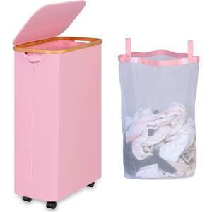 iEGrow Cesto Portabiancheria 75L con Coperchio, Cesto Biancheria Sporca con Ruote e Manico di Bambù, Cesta Panni Sporchi con Borsa Interna Rimovibile e Lavabile per Bagno Camera (Rosa)